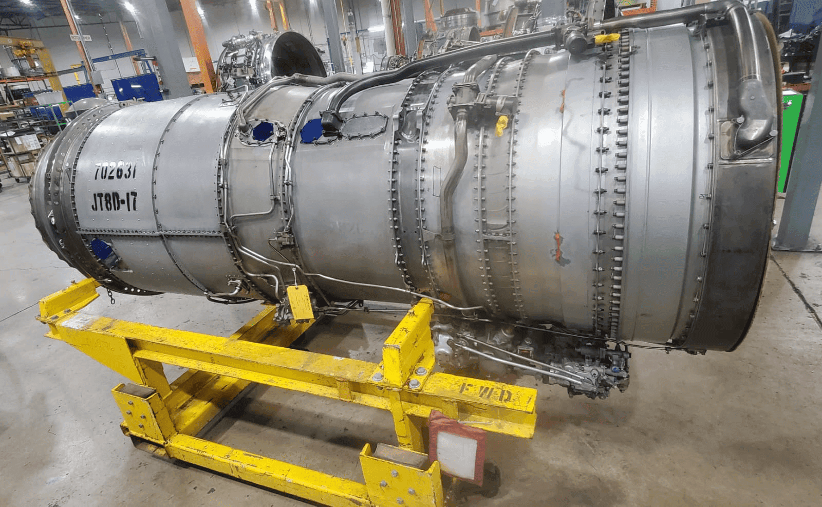Jet engine secured on a specialized transport frame